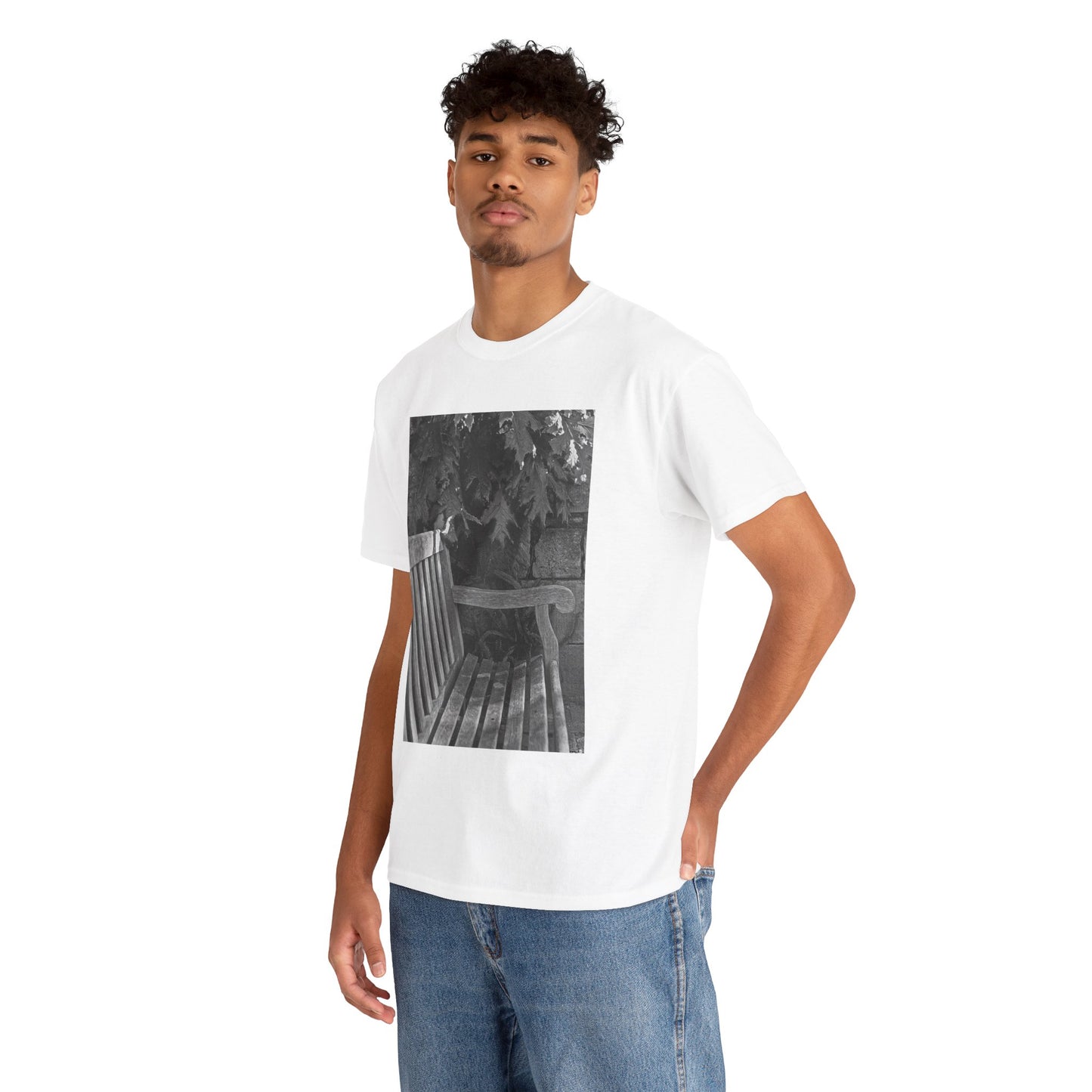 BENCH a photograph by Dean Crozier suggests a moment of calm and an invite to slow down with its image of a shady park bench on this great art T-shirt.