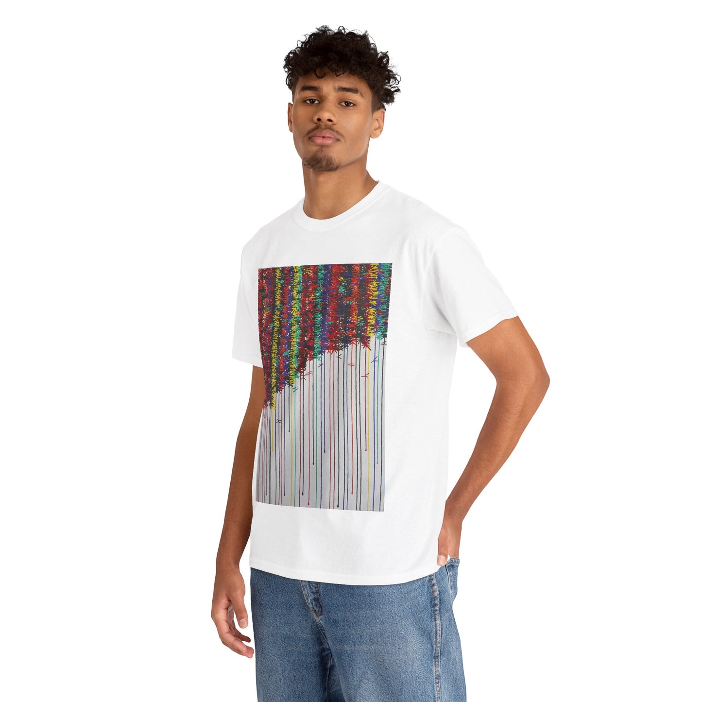 KNOT is an exploration of the bonds that tie a friendship together over time. Painted in bold strong colours that drip down the canvas on this joyful art T-shirt.