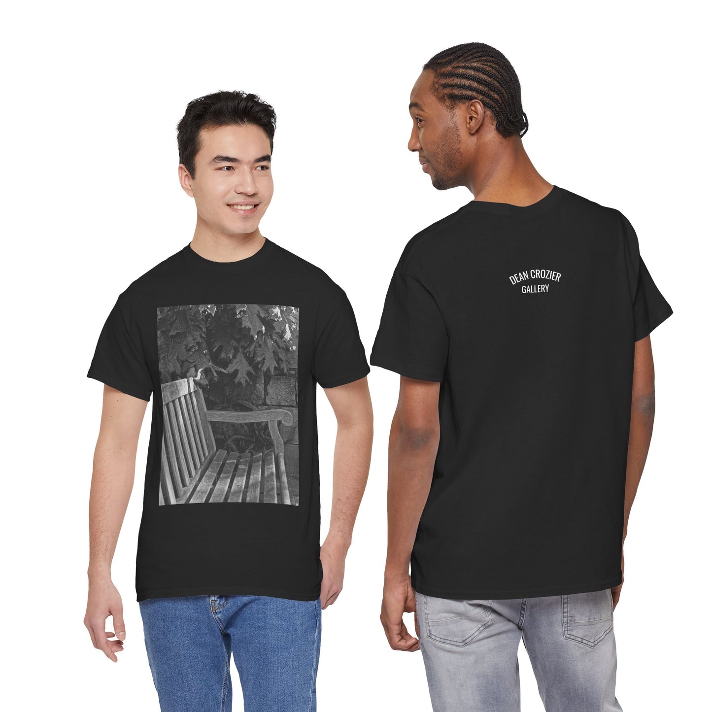 BENCH a photograph by Dean Crozier suggests a moment of calm and an invite to slow down with its image of a shady park bench on this great art T-shirt.