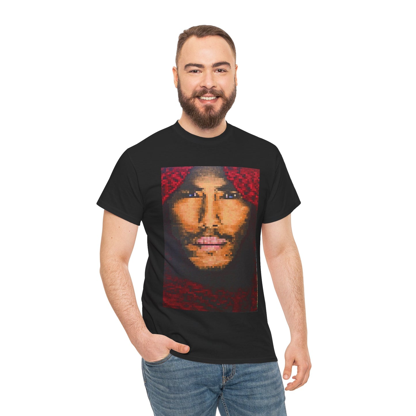 BOY IN A RED SCARF is a beautiful image created by individually coloured squares revealing a hauntingly beautiful face on this rt T-shirt.