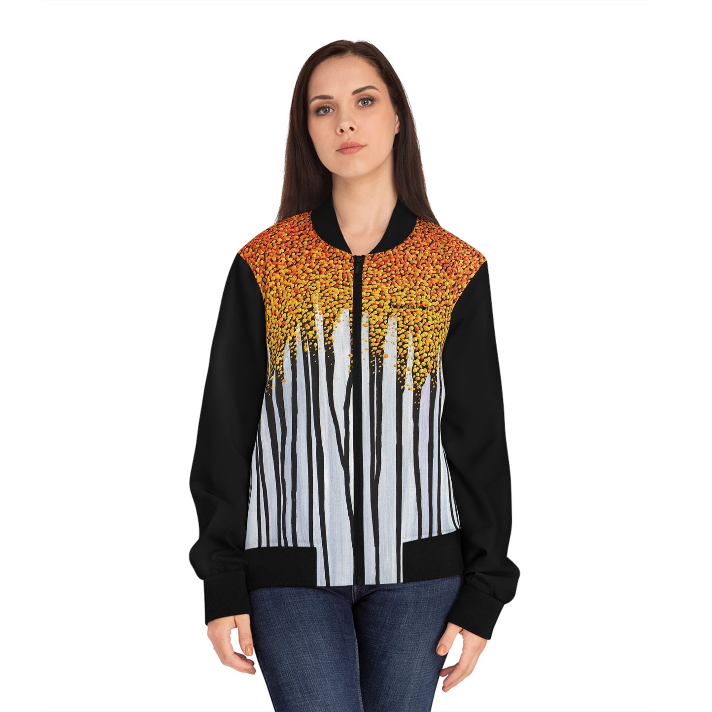 Golden Leaves Women's Bomber Jacket — Gold Copper leaves gently fall from the autumn tree in this abstract painting from Dean Crozier