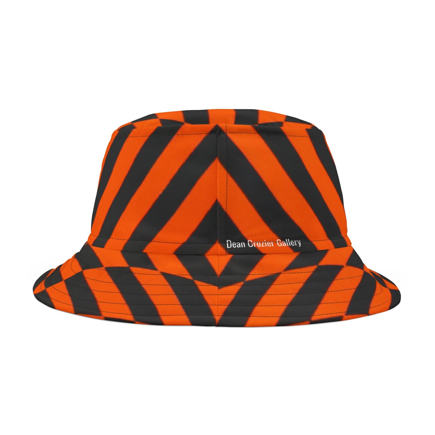 OPTICS 1 Bucket Hat — a bold Geometric design of orange and blue stripes. Streetwear by artist Dean Crozier