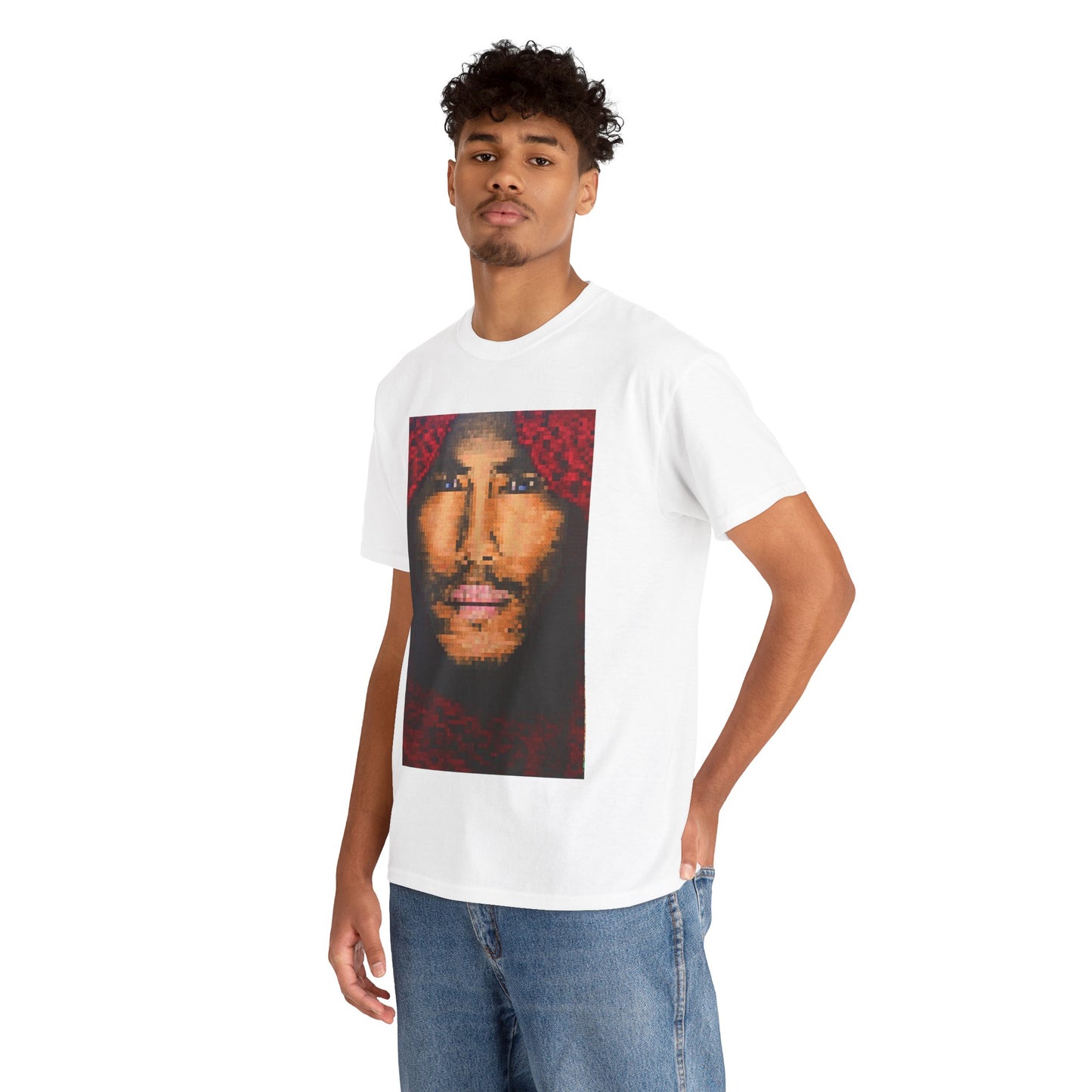 BOY IN A RED SCARF is a beautiful image created by individually coloured squares revealing a hauntingly beautiful face on this rt T-shirt.