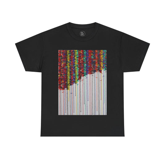 KNOT is an exploration of the bonds that tie a friendship together over time. Painted in bold strong colours that drip down the canvas on this joyful art T-shirt.