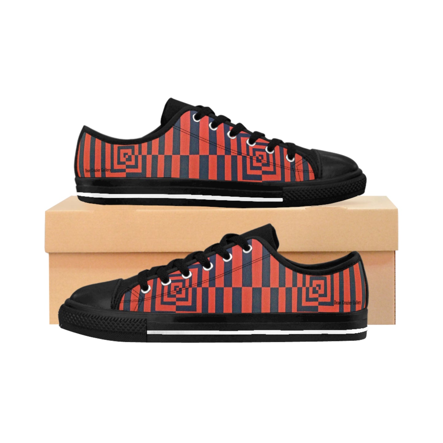 OPTICS 1 men's sneakers — colorful geometric design stripe canvas shoes featuring an original artwork with bold vibrant orange and deep blue