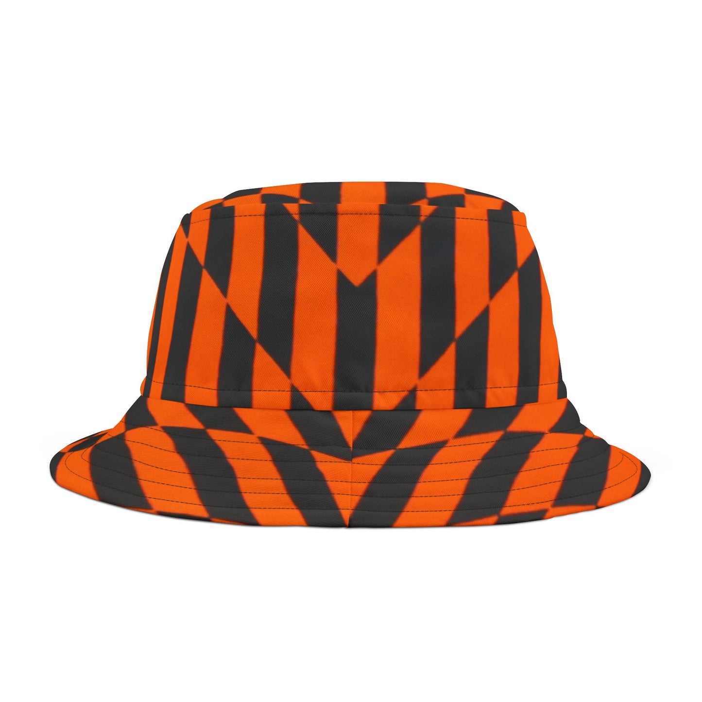 OPTICS 1 Bucket Hat — a bold Geometric design of orange and blue stripes. Streetwear by artist Dean Crozier