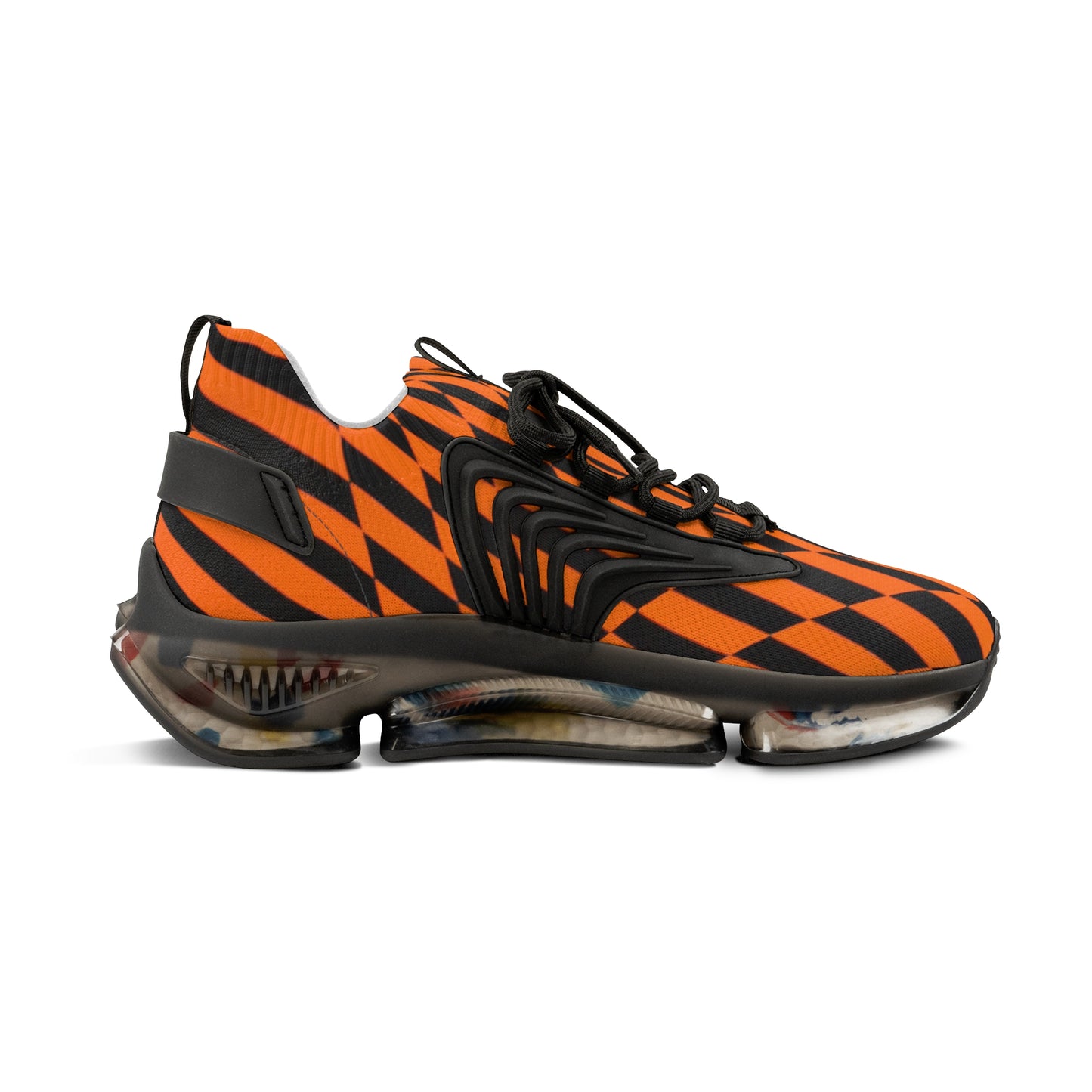 OPTICS 1 these bold blue & orange striped men's mesh sneakers featuring the artwork of Dean Crozier creates a vibrant athletic shoes