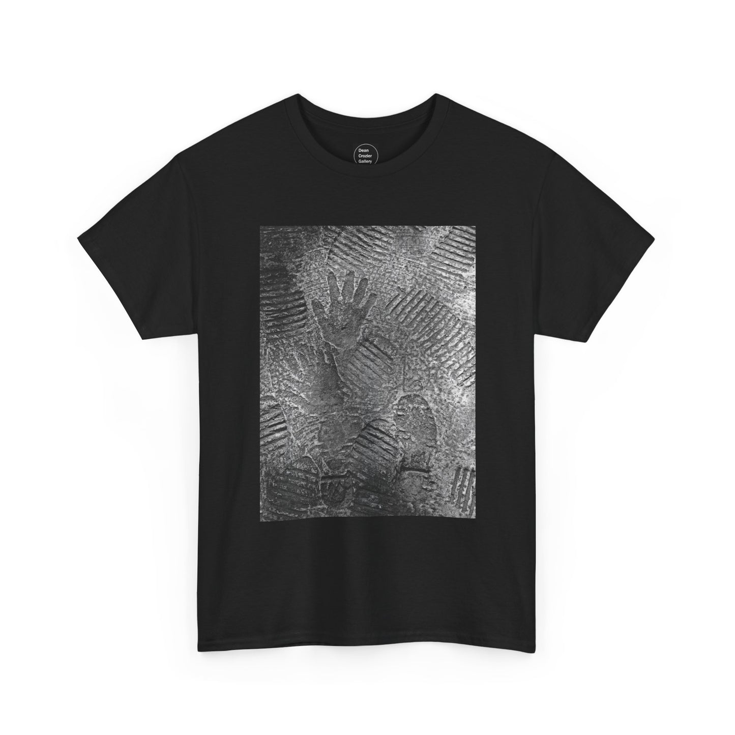 FOOTPATH is a photograph of footprints and hands placed into a wet cement footpath. creating a moment of modern life on this art T-shirt.