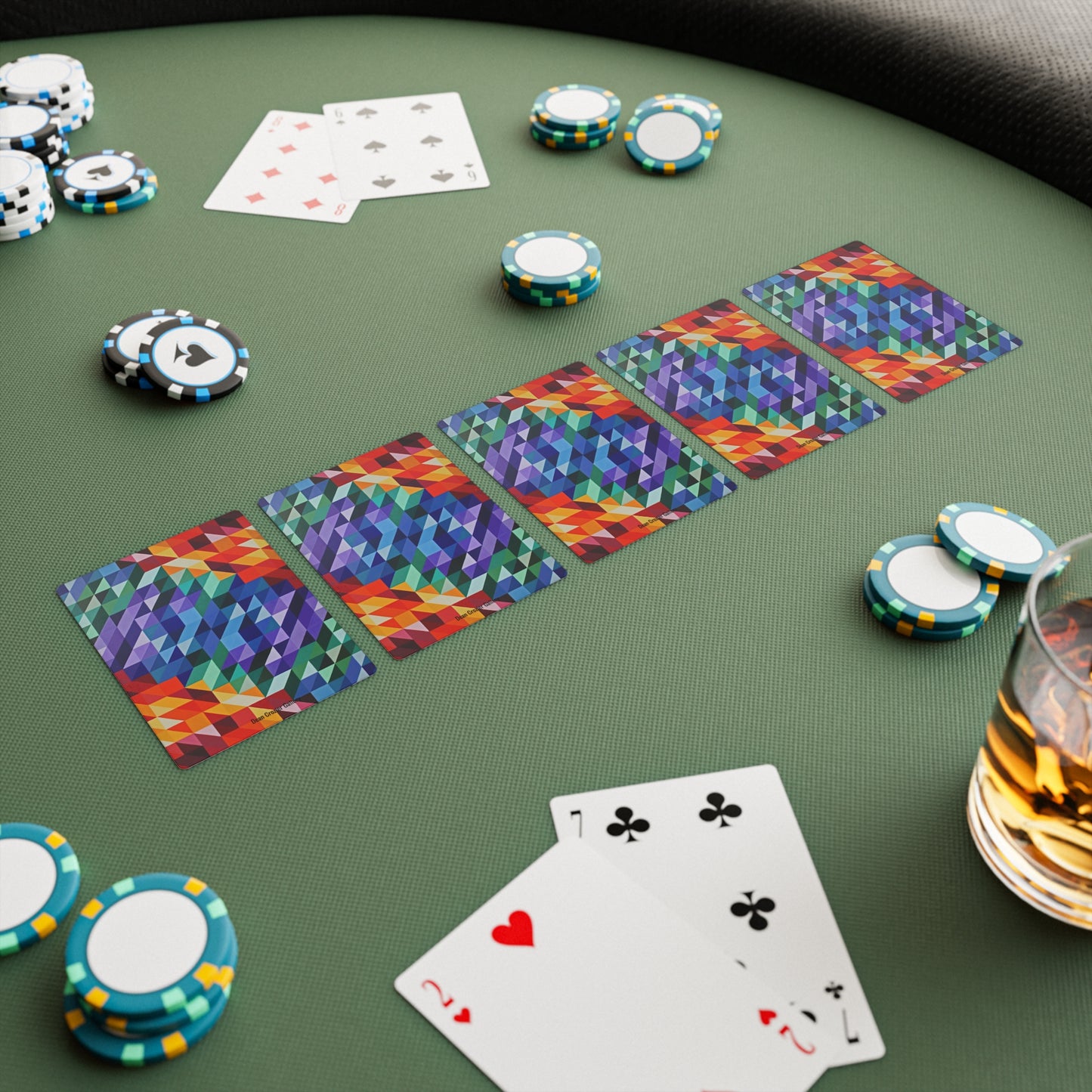 W.C. by Dean Crozier a geometric abstract of triangles and colour on these beautiful playing cards.