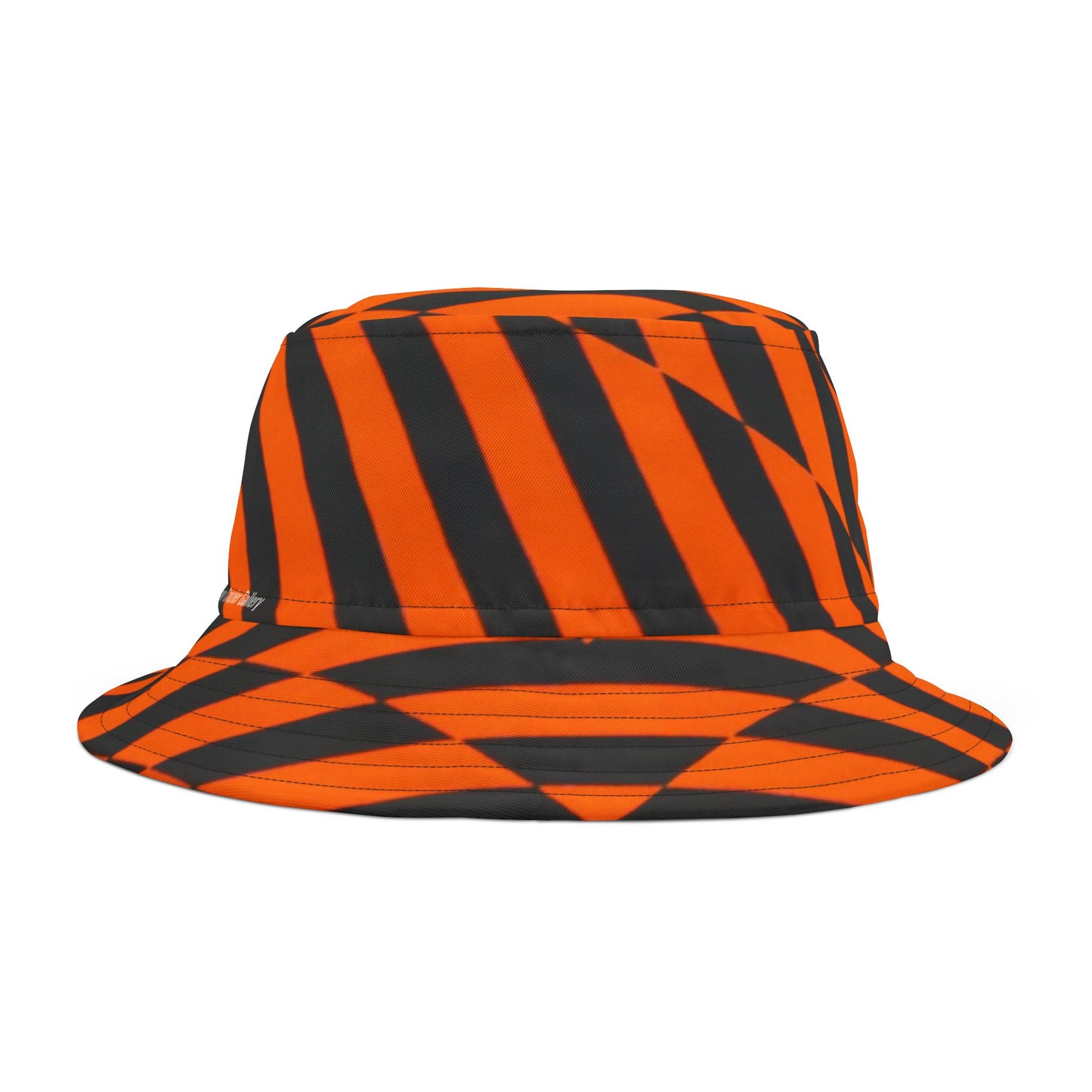 OPTICS 1 Bucket Hat — a bold Geometric design of orange and blue stripes. Streetwear by artist Dean Crozier