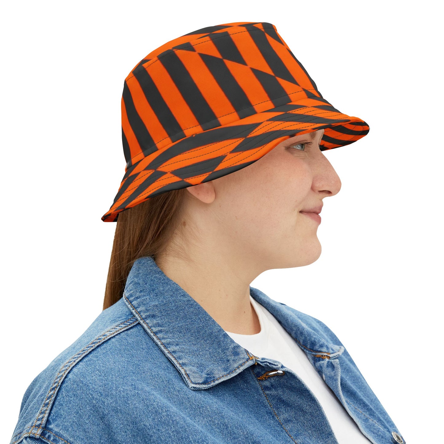 OPTICS 1 Bucket Hat — a bold Geometric design of orange and blue stripes. Streetwear by artist Dean Crozier