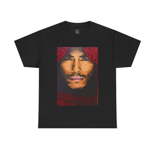 BOY IN A RED SCARF is a beautiful image created by individually coloured squares revealing a hauntingly beautiful face on this rt T-shirt.