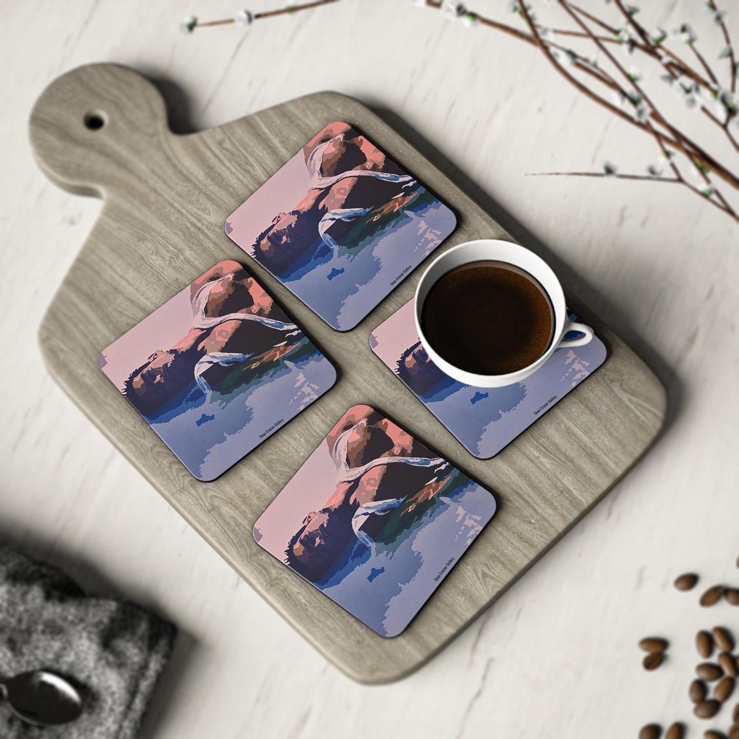 REPOSE SWEAT artistic portrait coasters — An exhausted young man in torn T‑shirt  on these perfect coasters for a relaxed gathering.