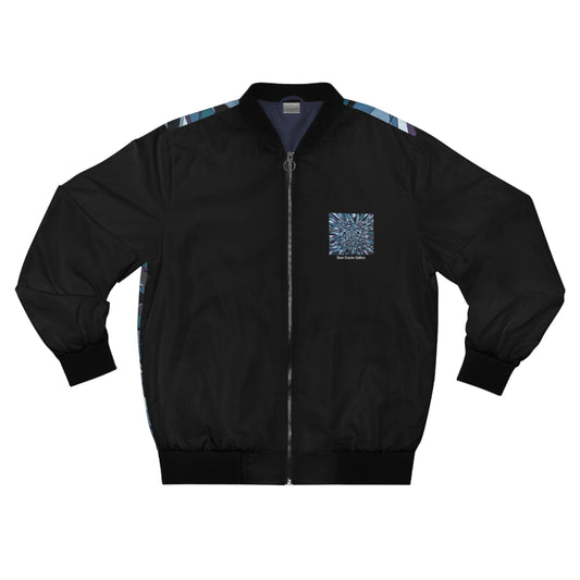 Black Bomber Jacket — a geometric artwork in blues and black emblaze the back of this classic bomber jacket