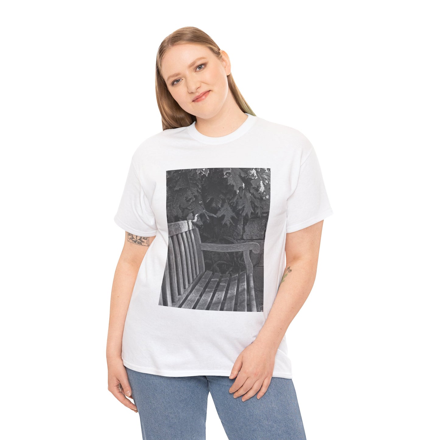 BENCH a photograph by Dean Crozier suggests a moment of calm and an invite to slow down with its image of a shady park bench on this great art T-shirt.