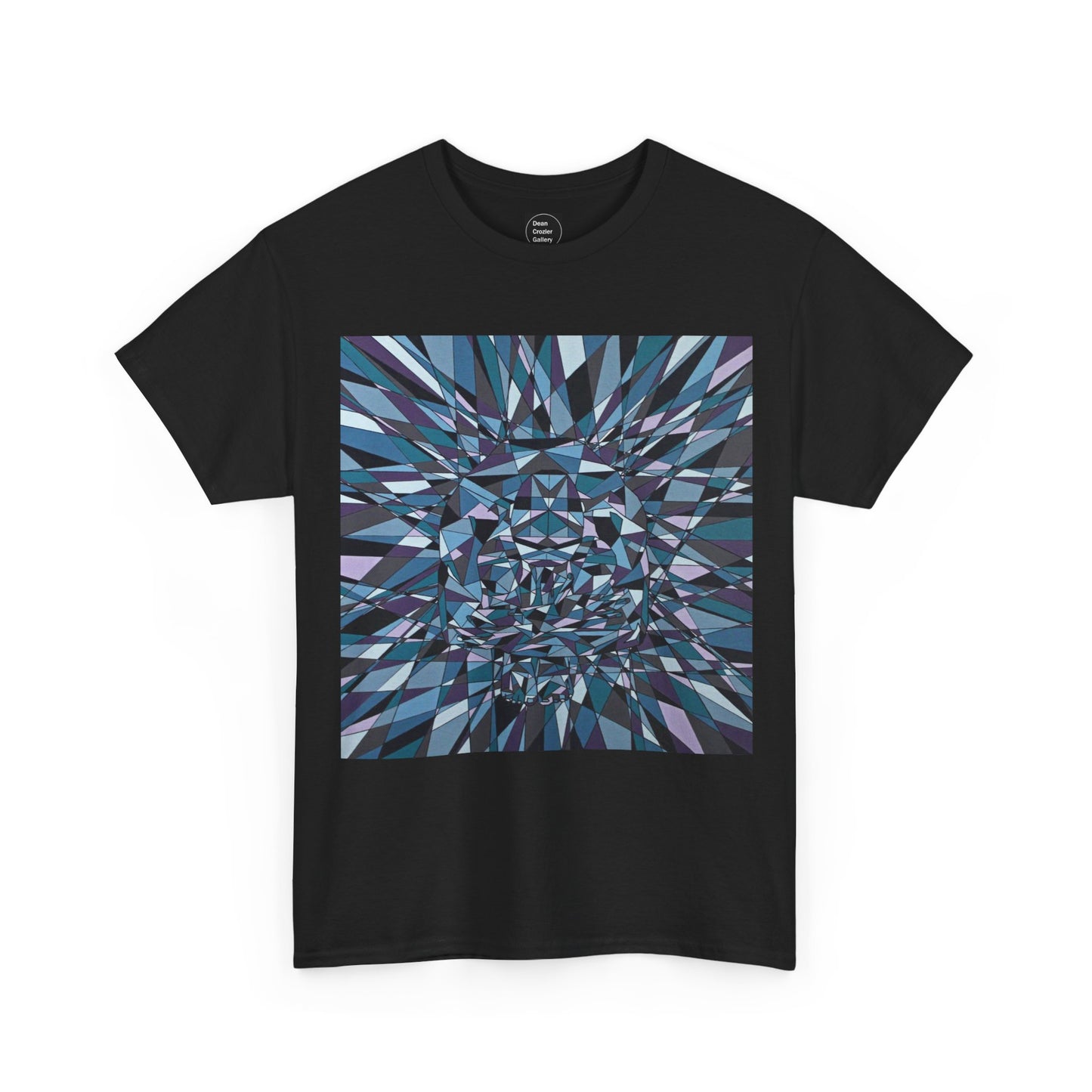 ISOLATION a bold sharp geometric image concealing a crouching figure in its heart making a bold image on this artful T-shirt.