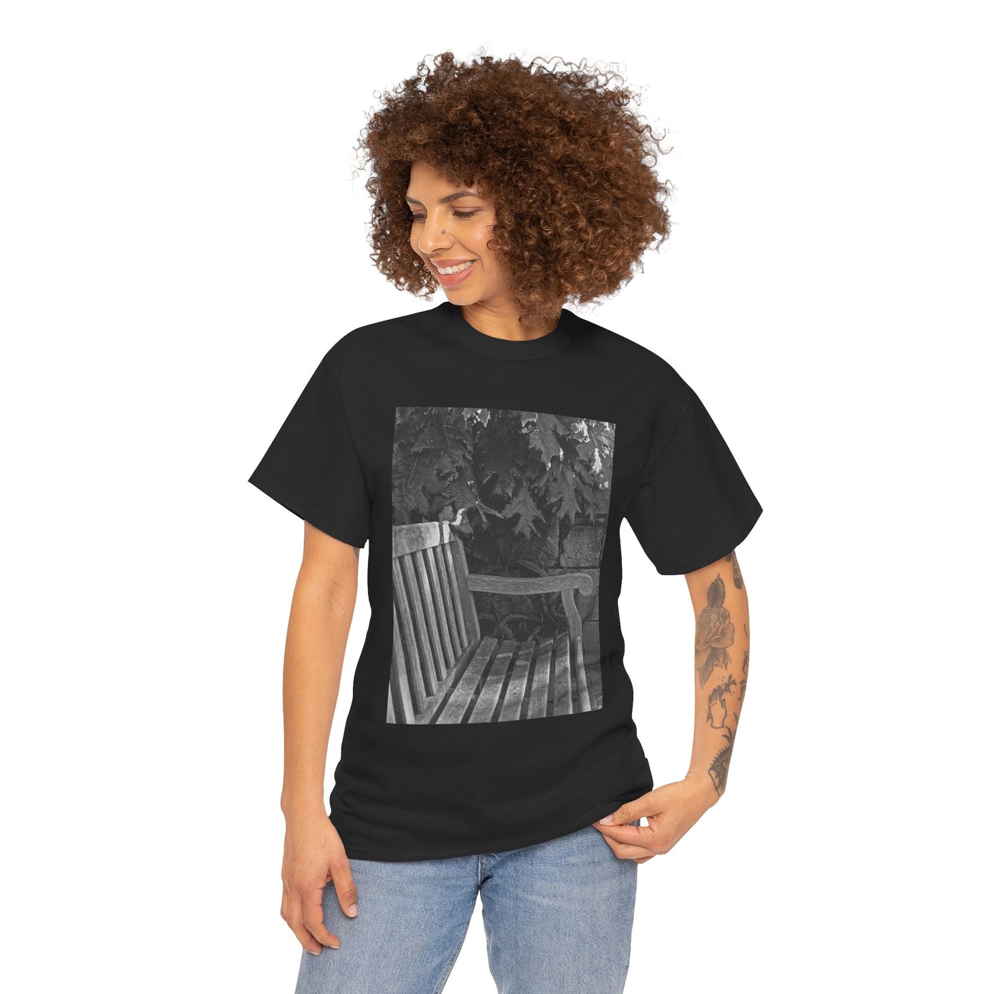 BENCH a photograph by Dean Crozier suggests a moment of calm and an invite to slow down with its image of a shady park bench on this great art T-shirt.