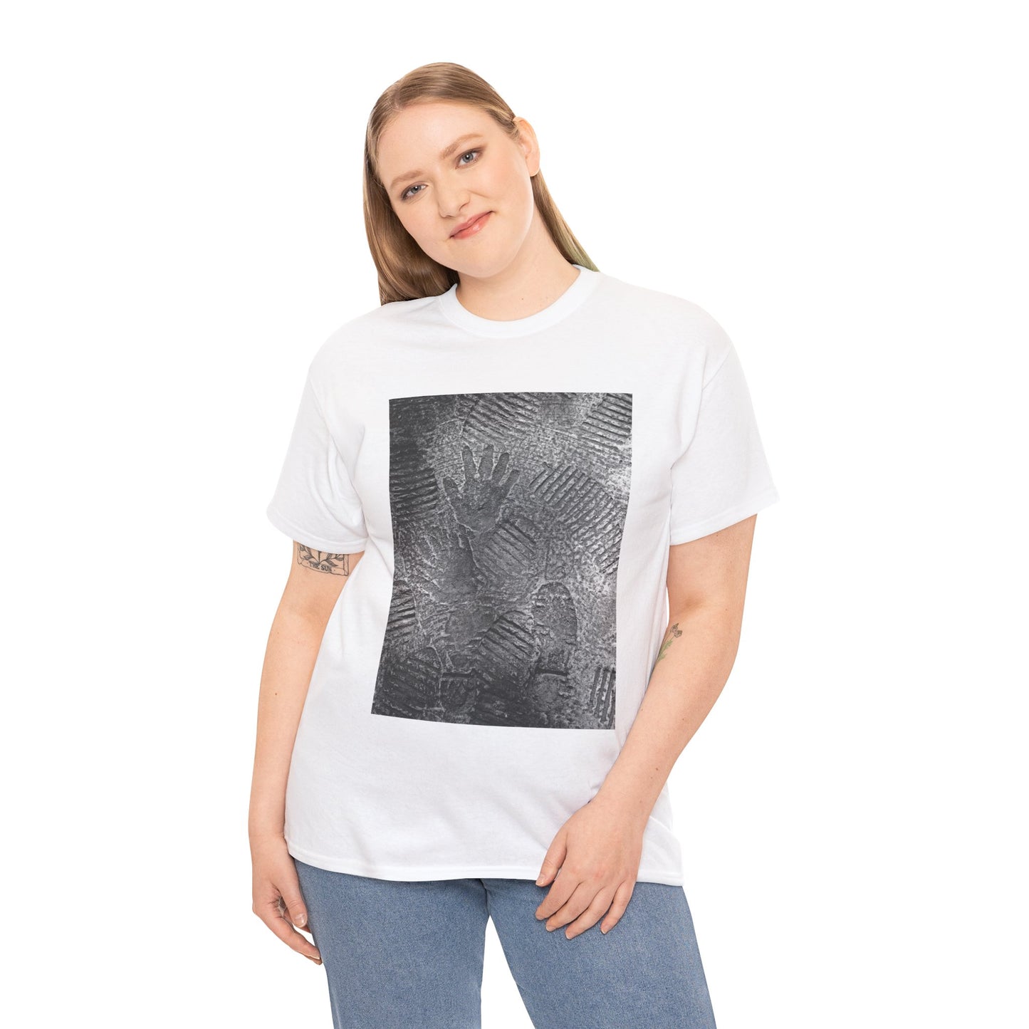 FOOTPATH is a photograph of footprints and hands placed into a wet cement footpath. creating a moment of modern life on this art T-shirt.