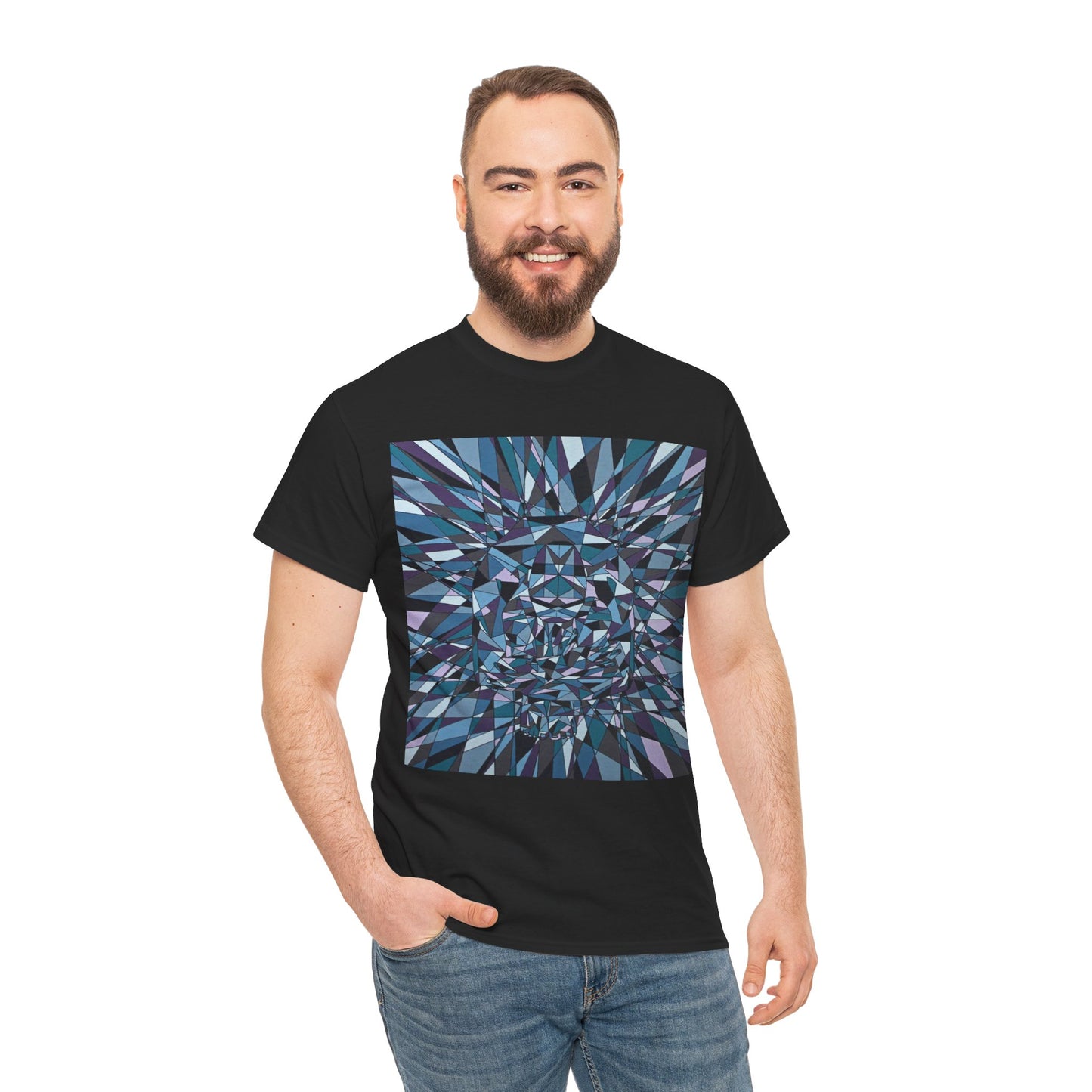 ISOLATION a bold sharp geometric image concealing a crouching figure in its heart making a bold image on this artful T-shirt.