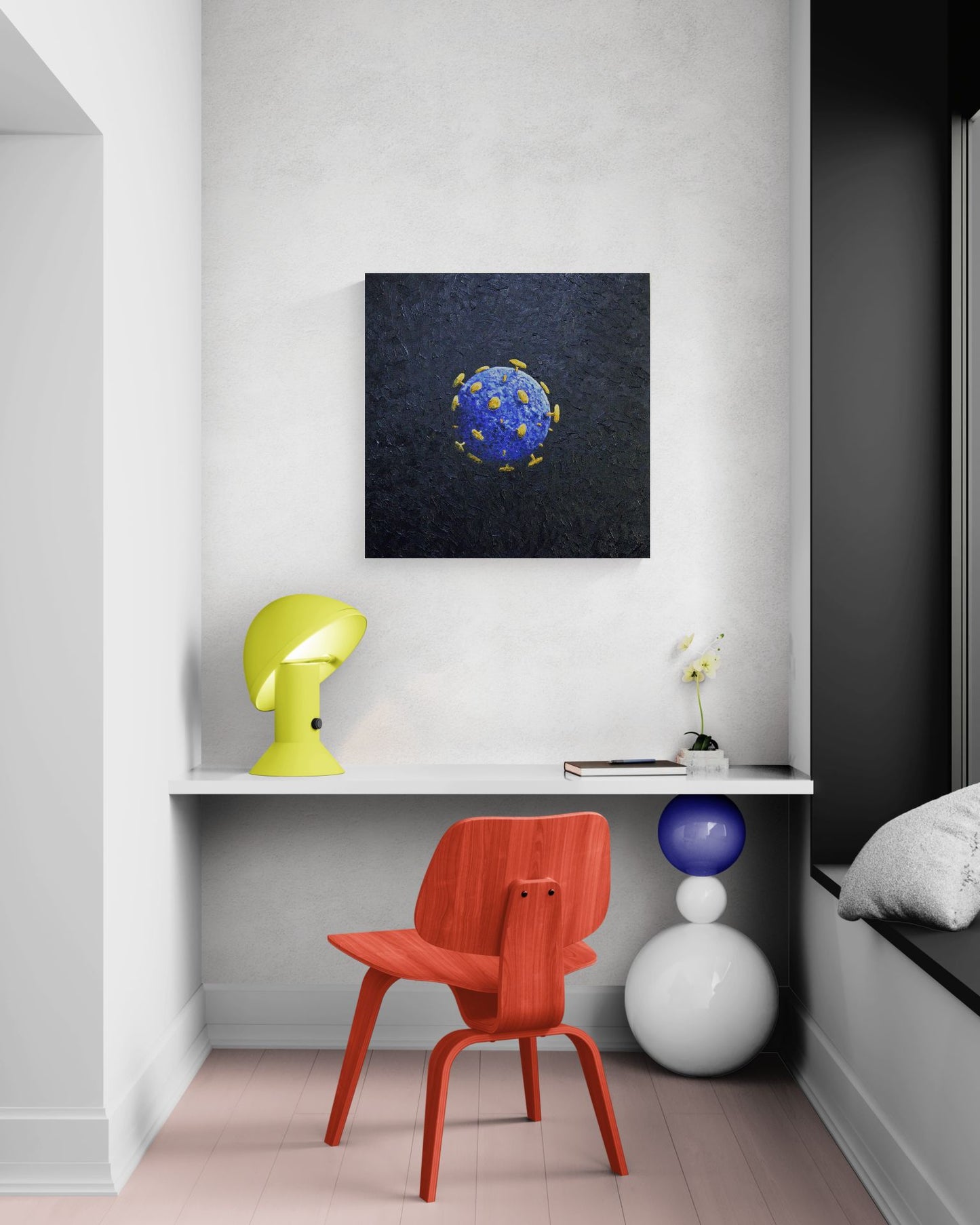 UNWELCOME COMPANION an artistic representation of a virus in a textural and colourful artwork.