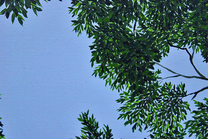 CANOPY A calm sky‑blue abstract with branches and individually painted leaves forming a gentle canopy. A serene contemporary artwork evoking the quiet of lying on cool grass beneath rustling trees. Perfect for natural, tranquil interiors.