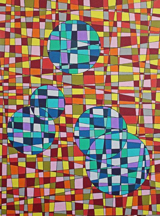 COOL CIRCLES a geometric abstract of cool blues on a background of yellows and reds.