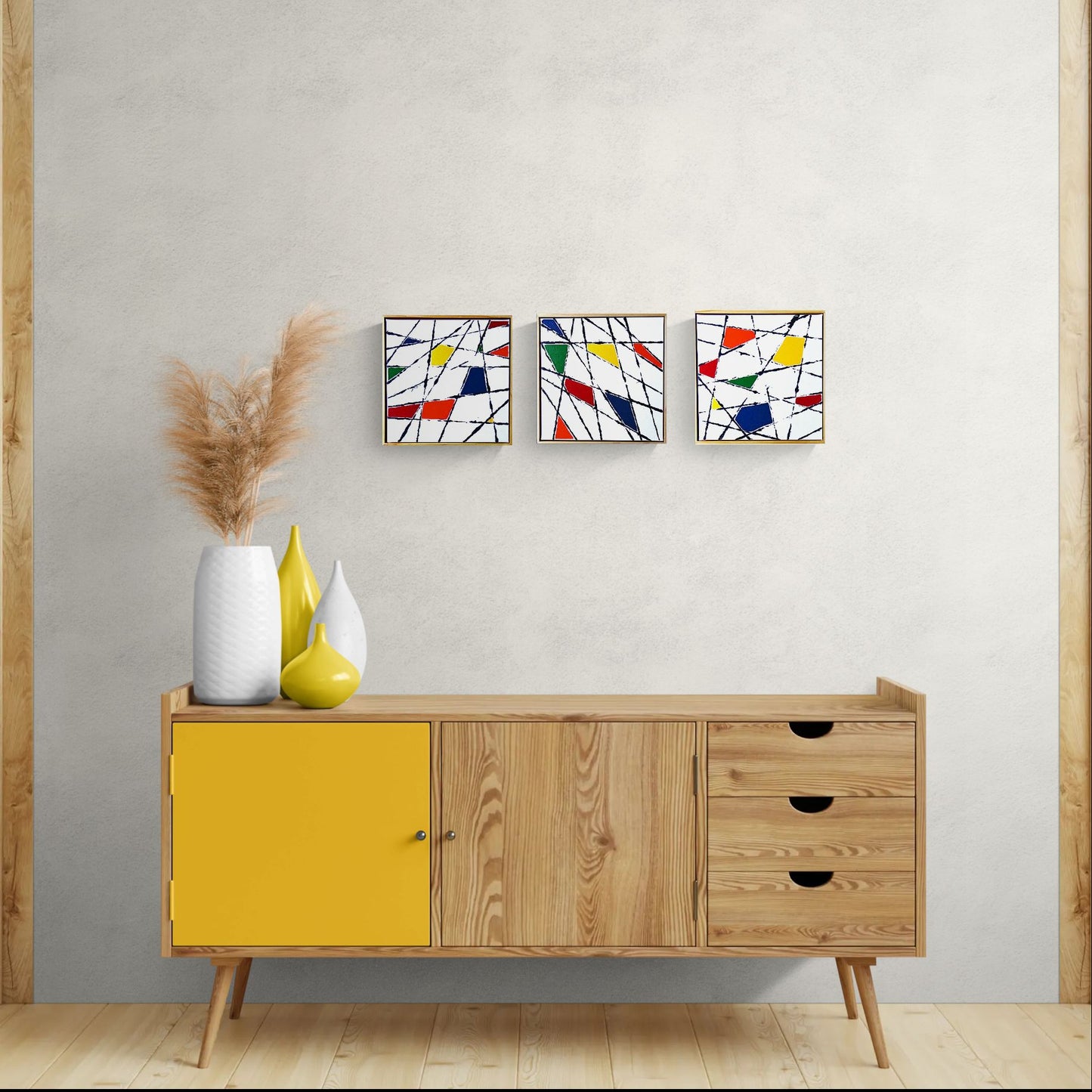 STRING THEORY 1 a geometric abstract with pops of primary colour.