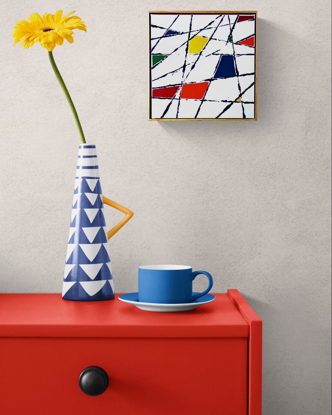 STRING THEORY 1 a geometric abstract with pops of primary colour.