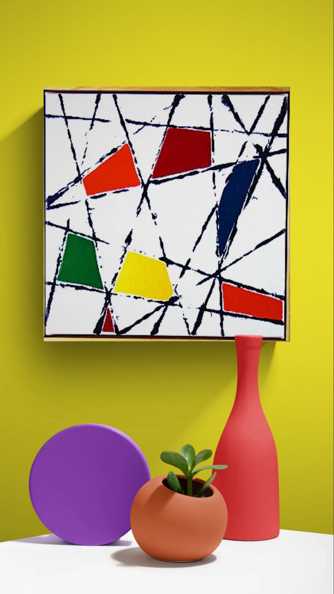 STRING THEORY 5 a geometric painting with bright colour and a fresh white background.