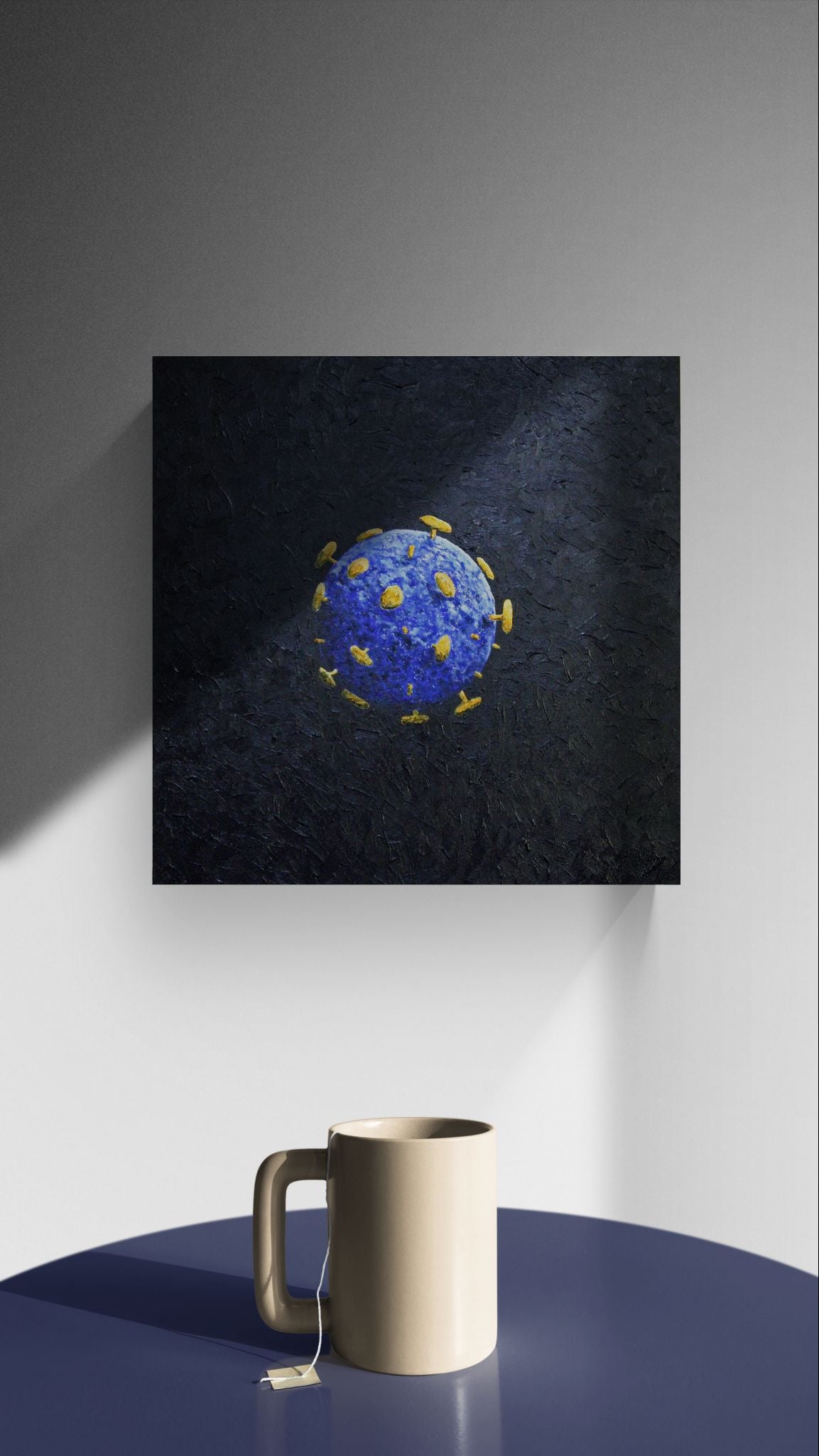 UNWELCOME COMPANION an artistic representation of a virus in a textural and colourful artwork.