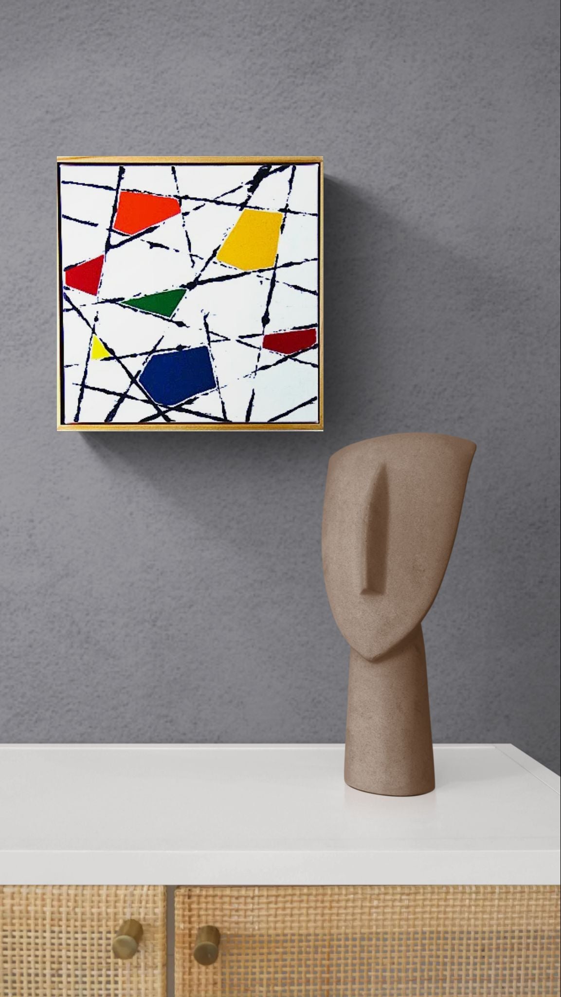 STRING THEORY 1 a geometric abstract with pops of primary colour.