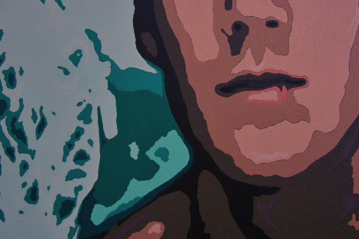 ENCOUNTERS #1 ALEX THROUGH THE BROKEN GLASS An abstract portrait of a young man seen through broken blue‑green glass. ‘Alex through the Broken Glass’ by Australian artist Dean Crozier explores memory, emotion and fading love in the ENCOUNTERS series.”