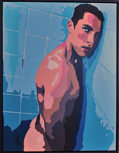 ENCOUNTERS #2 SHAWN IN THE SHOWER by Dean Crozier—an intimate, colour‑rich artwork where cool tiles meet warm flesh. A striking contemporary piece from the Encounters series, crafted in synthetic polymer and beautifully framed.