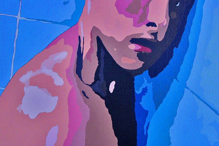 ENCOUNTERS #2 SHAWN IN THE SHOWER by Dean Crozier—an intimate, colour‑rich artwork where cool tiles meet warm flesh. A striking contemporary piece from the Encounters series, crafted in synthetic polymer and beautifully framed.