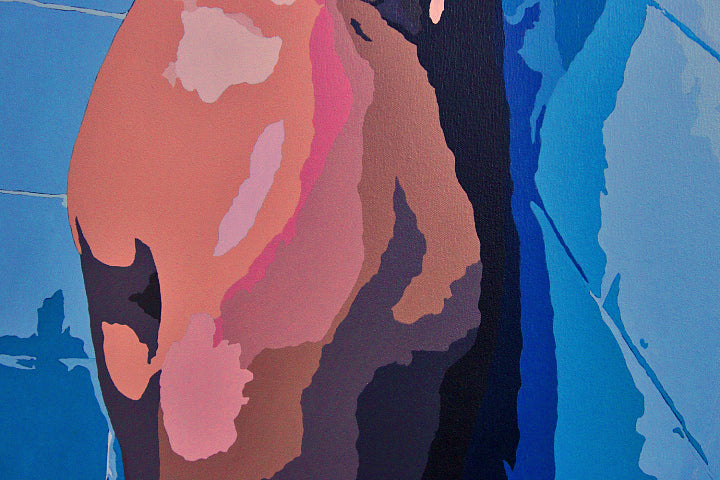 ENCOUNTERS #2 SHAWN IN THE SHOWER by Dean Crozier—an intimate, colour‑rich artwork where cool tiles meet warm flesh. A striking contemporary piece from the Encounters series, crafted in synthetic polymer and beautifully framed.