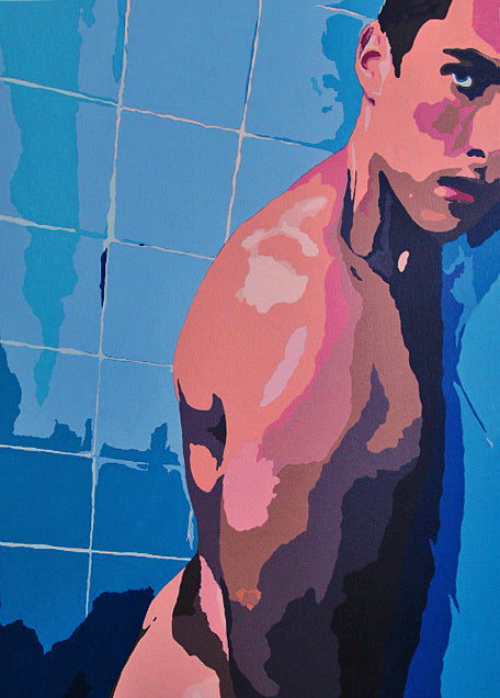 ENCOUNTERS #2 SHAWN IN THE SHOWER by Dean Crozier—an intimate, colour‑rich artwork where cool tiles meet warm flesh. A striking contemporary piece from the Encounters series, crafted in synthetic polymer and beautifully framed.