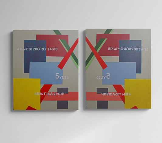 FATE a diptych abstract painting, strong lines and bold form.