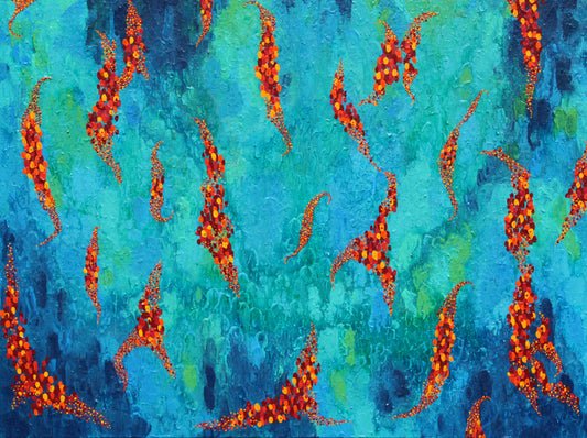 FLOAT strings of warm coloured leaves float across a stream of cool blues and greens.