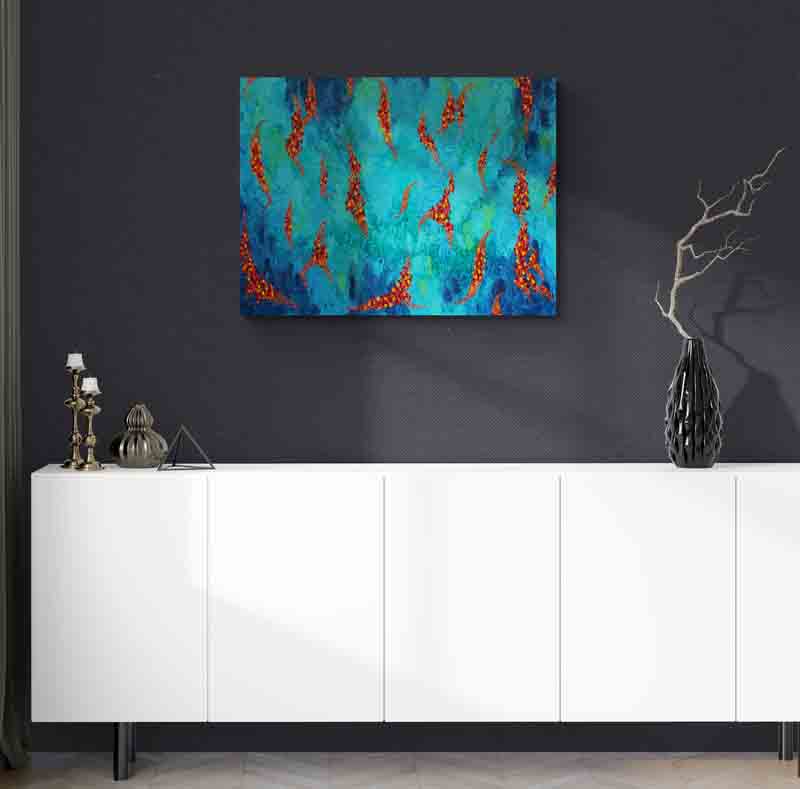 FLOAT strings of warm coloured leaves float across a stream of cool blues and greens.