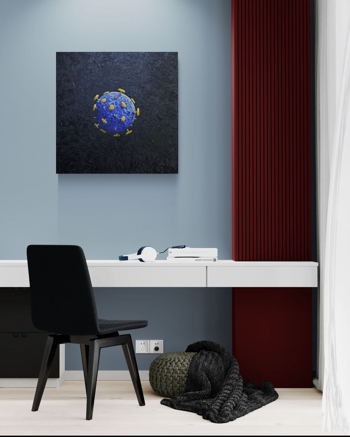 UNWELCOME COMPANION an artistic representation of a virus in a textural and colourful artwork.