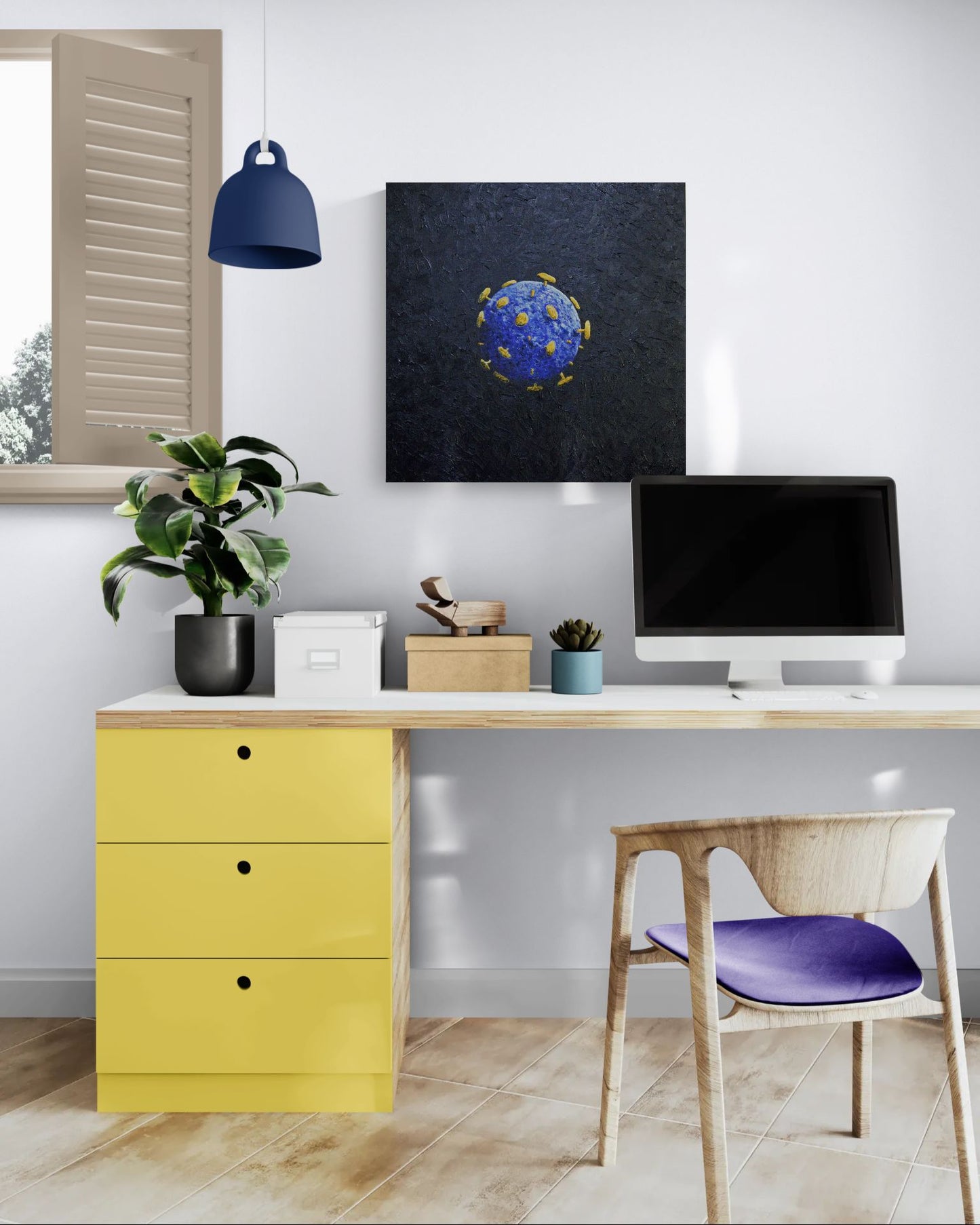 UNWELCOME COMPANION an artistic representation of a virus in a textural and colourful artwork.