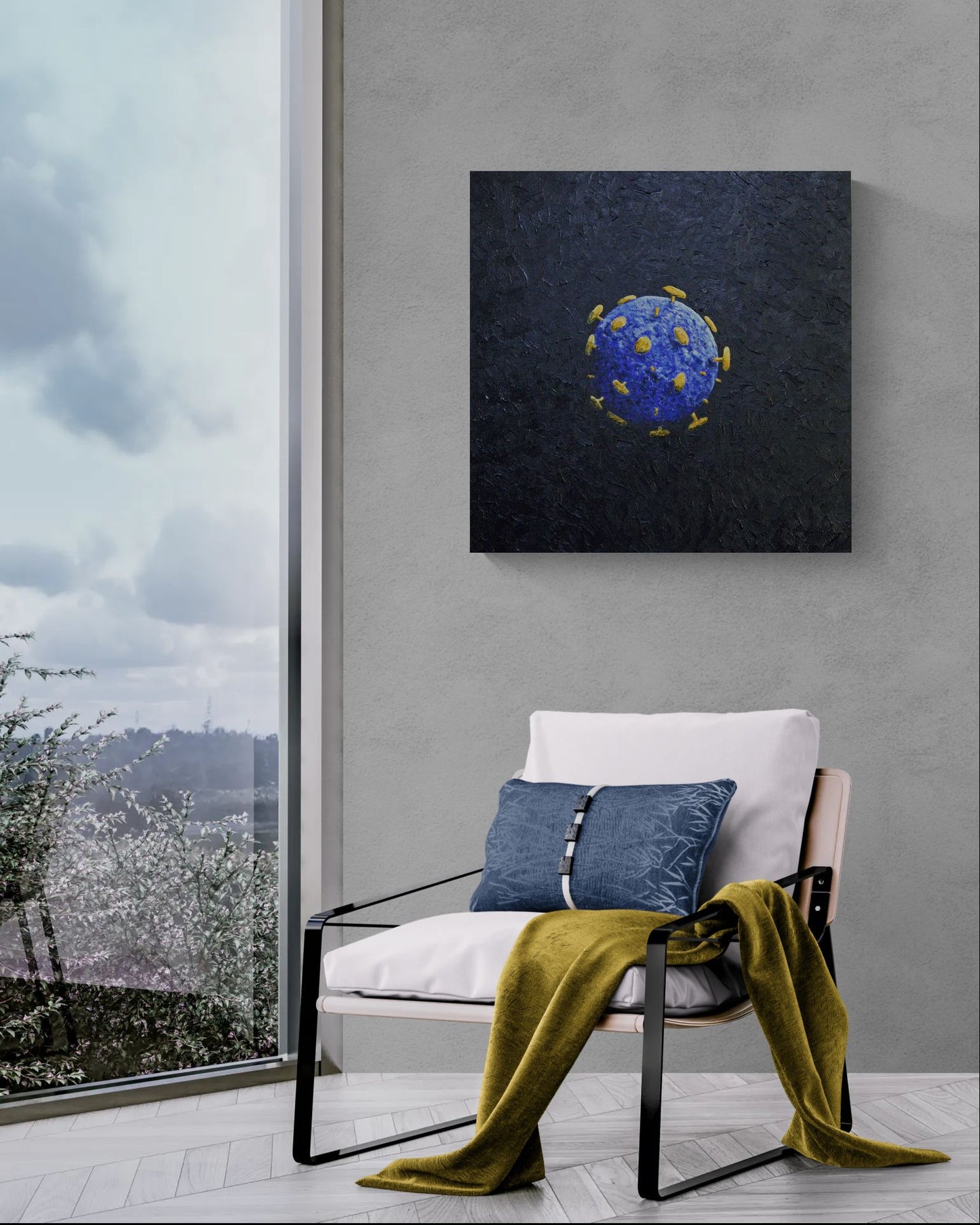 UNWELCOME COMPANION an artistic representation of a virus in a textural and colourful artwork.