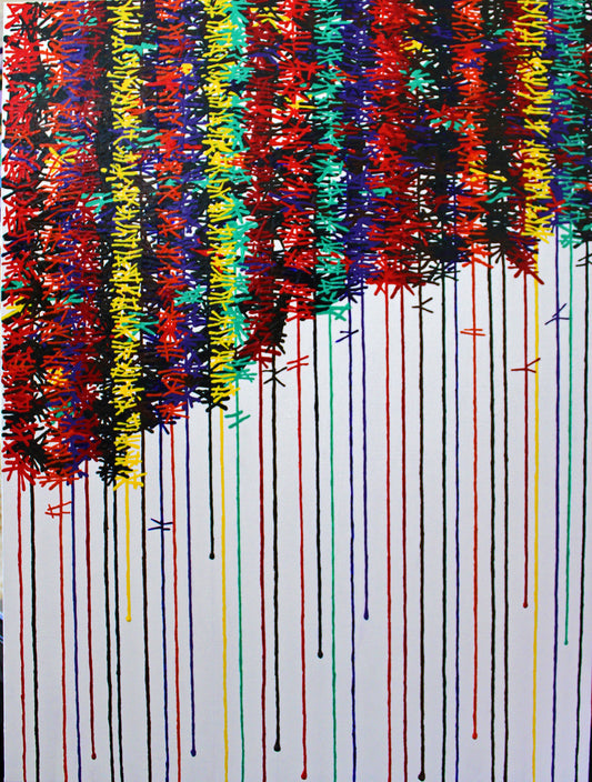 KNOT coloured knots along strings of colour hang across this colourful abstract painting.