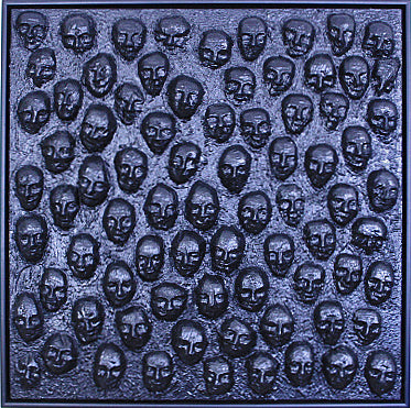 LET THE MOURNERS COME An all‑black canvas filled with sewn, faceless forms, LET THE MOURNERS COME evokes a quiet crowd of unseen mourners. A powerful mixed‑media work from the FUNERAL BLUES series exploring grief and collective presence.