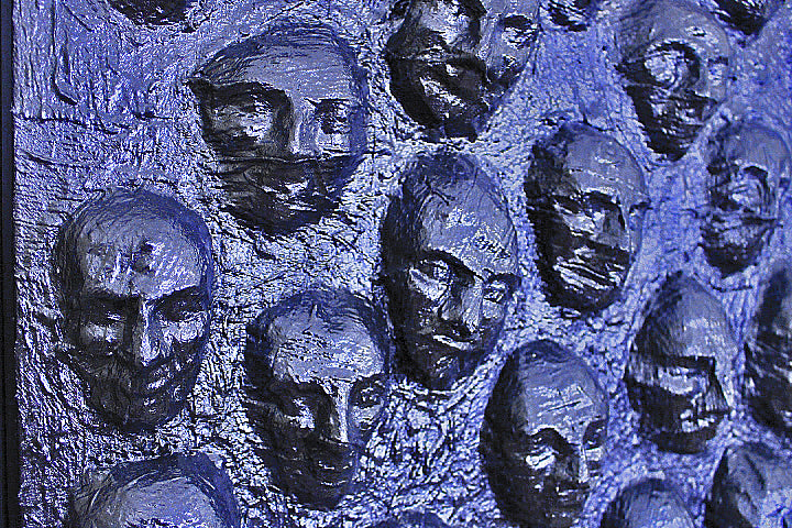LET THE MOURNERS COME An all‑black canvas filled with sewn, faceless forms, LET THE MOURNERS COME evokes a quiet crowd of unseen mourners. A powerful mixed‑media work from the FUNERAL BLUES series exploring grief and collective presence.