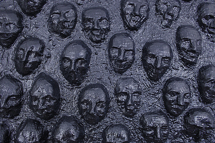 LET THE MOURNERS COME An all‑black canvas filled with sewn, faceless forms, LET THE MOURNERS COME evokes a quiet crowd of unseen mourners. A powerful mixed‑media work from the FUNERAL BLUES series exploring grief and collective presence.