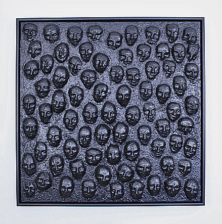 LET THE MOURNERS COME An all‑black canvas filled with sewn, faceless forms, LET THE MOURNERS COME evokes a quiet crowd of unseen mourners. A powerful mixed‑media work from the FUNERAL BLUES series exploring grief and collective presence.