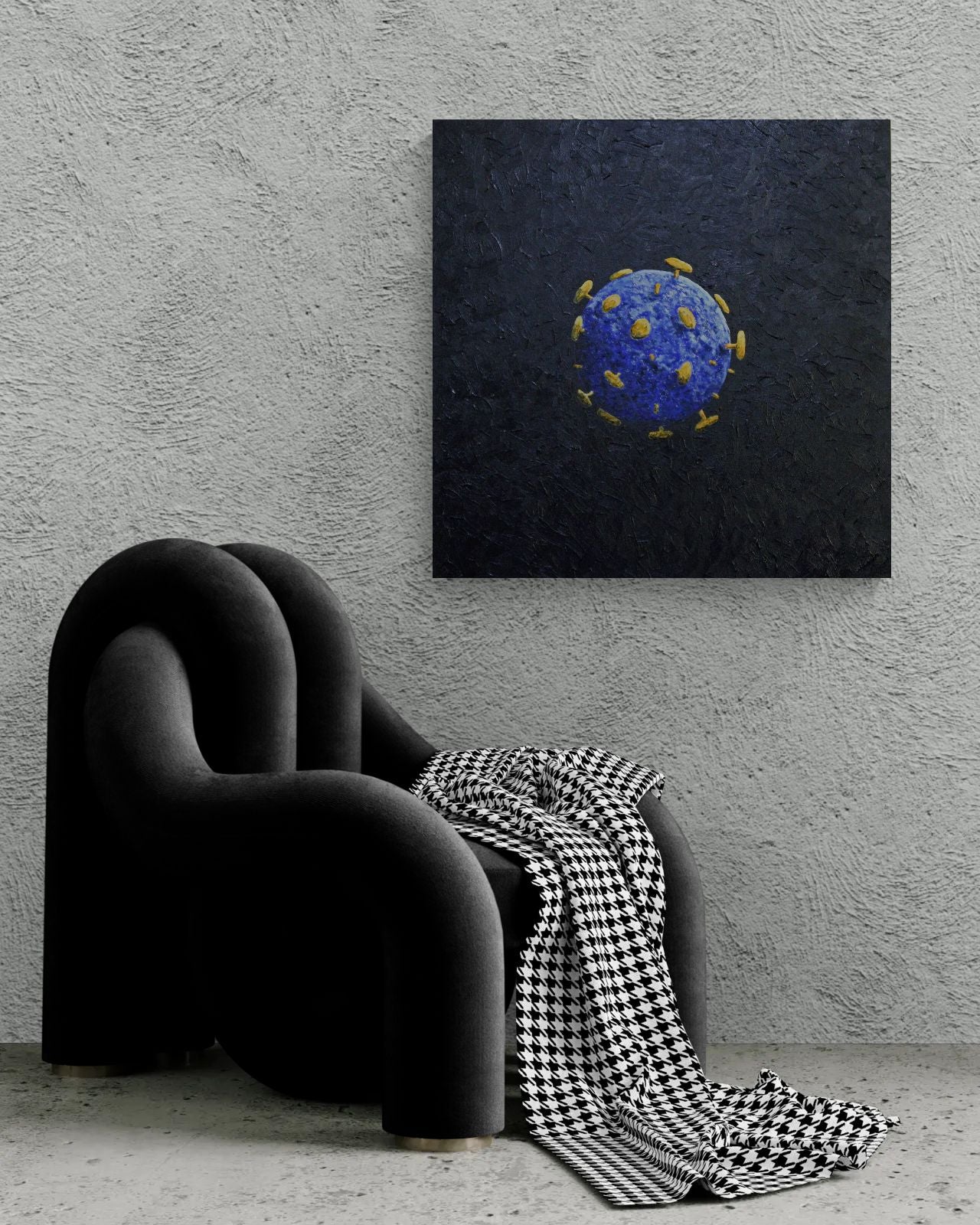 UNWELCOME COMPANION an artistic representation of a virus in a textural and colourful artwork.