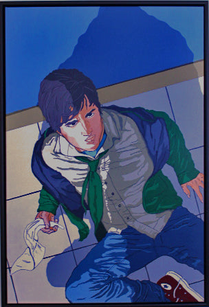 NO WHITE FLAG Comic‑book‑style painting of a young man falling as an unseen assailant’s shadow looms. Bold colour, graphic lines and dramatic tension. Synthetic polymer on canvas, framed in a black floating frame. From the Dean Crozier Gallery.