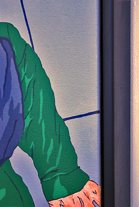 NO WHITE FLAG Comic‑book‑style painting of a young man falling as an unseen assailant’s shadow looms. Bold colour, graphic lines and dramatic tension. Synthetic polymer on canvas, framed in a black floating frame. From the Dean Crozier Gallery.